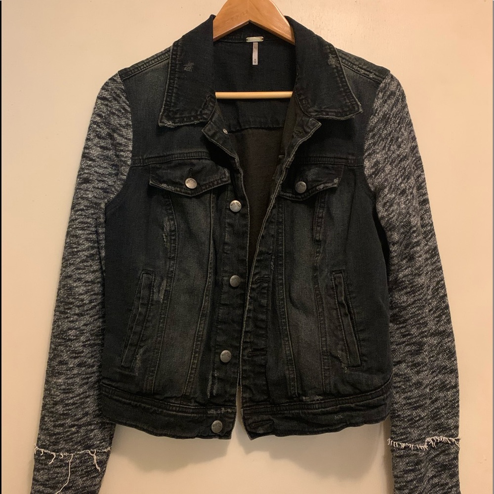 Free people Distressed Jean Jacket w/ Sweater arms